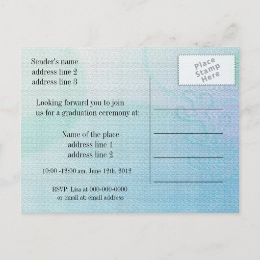 Aankondiging/uitnodiging van het afstuderen van de uitnodiging briefkaart (Achterkant)