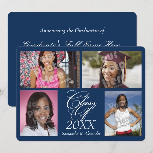 Aankondiging van 4-Photo Collage Navy Blue Afstude (Voorkant / Achterkant)