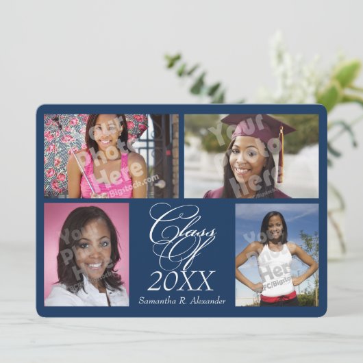 Aankondiging van 4-Photo Collage Navy Blue Afstude (Staand voorkant)