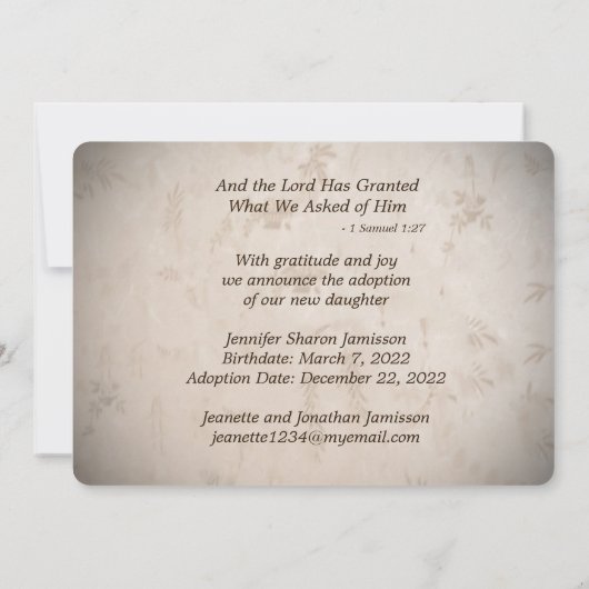 Aankondiging van adoptie voor dit kind hebben we g (Achterkant)