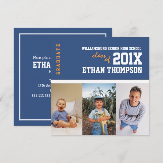 Aankondiging van afstuderen 3 Foto-collage in blau (Voorkant / Achterkant)