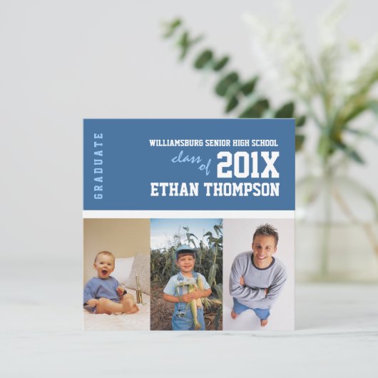 Aankondiging van afstuderen 3 Foto-collage in blau (Staand voorkant)