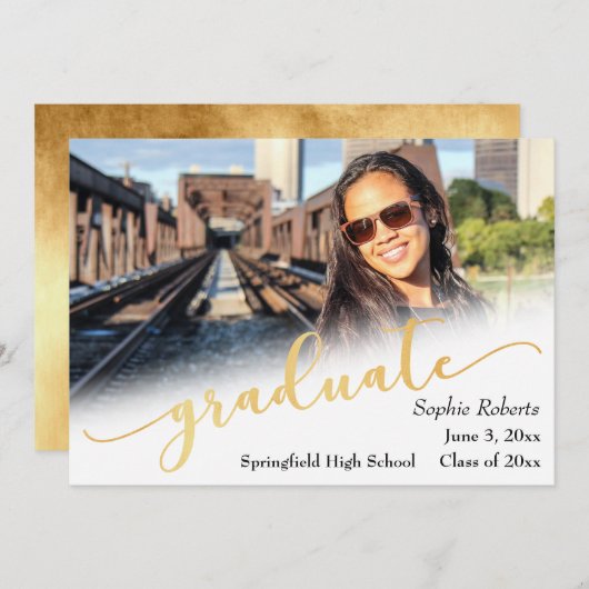 Aankondiging van afstuderen met foto en namaak gou (Voorkant / Achterkant)