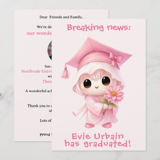 🎓Aankondiging van afstuderen van Chibi Blossom Kaart (Voorkant / Achterkant)