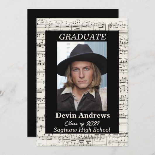 Aankondiging van afstuderen voor muziekstudent. (Voorkant / Achterkant)