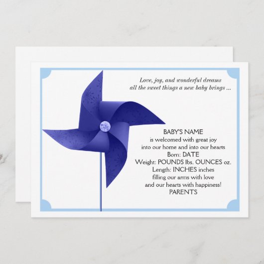 Aankondiging van Baby Boy Blue Pinwheels (Voorkant / Achterkant)