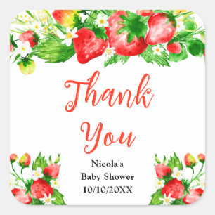 Aankondiging van baby shower met aardbeien en made vierkante sticker
