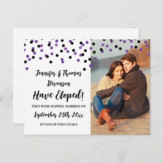 Aankondiging van Black Paars Confetti Photo Elopem (Voorkant / Achterkant)