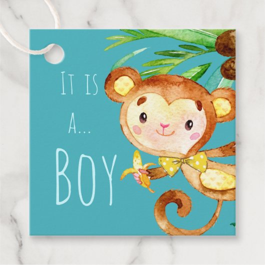 Aankondiging van Blue Cute Monkey Baby Boy Bedankjes Labels (Voorkant)