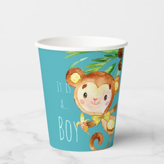 Aankondiging van Blue Cute Monkey Baby Boy Papieren Bekers (Voorkant)