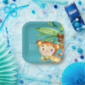 Aankondiging van Blue Cute Monkey Baby Boy Papieren Bordje (Feest)