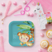 Aankondiging van Blue Cute Monkey Baby Boy Papieren Bordje (Feest)