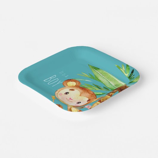 Aankondiging van Blue Cute Monkey Baby Boy Papieren Bordje (Gebogen)