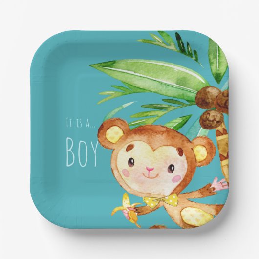 Aankondiging van Blue Cute Monkey Baby Boy Papieren Bordje (Voorkant)