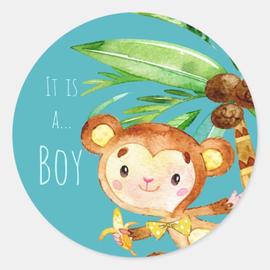 Aankondiging van Blue Cute Monkey Baby Boy Ronde Sticker (Voorkant)