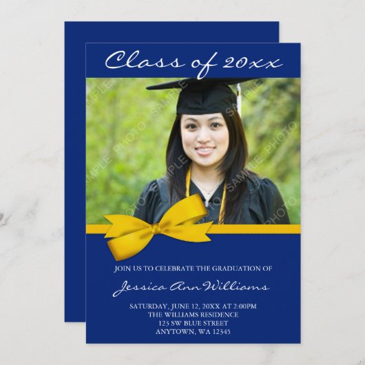 Aankondiging van Blue Gold Bow Photo Afstuderen (Voorkant / Achterkant)