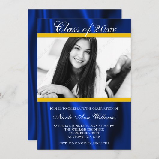 Aankondiging van Blue Gold Satin Photo Afstuderen (Voorkant / Achterkant)