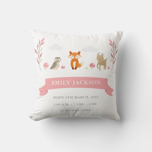 Aankondiging van Cute Woodland Animal Baby Girl Pi Kussen (Voorkant)