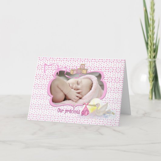Aankondiging van de baby roze fotokaart (Voorkant)