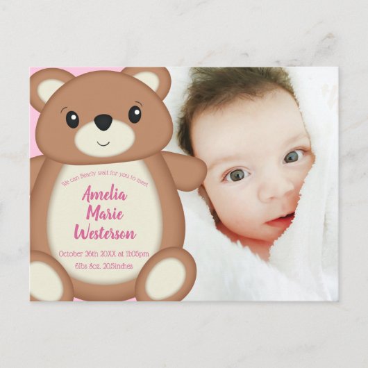 Aankondiging van de Baby van Pink Teddy Bear Briefkaart (Voorkant)