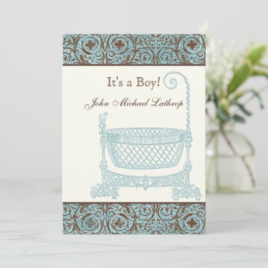 Aankondiging van de geboorte - Blue Brown Damask C (Staand voorkant)