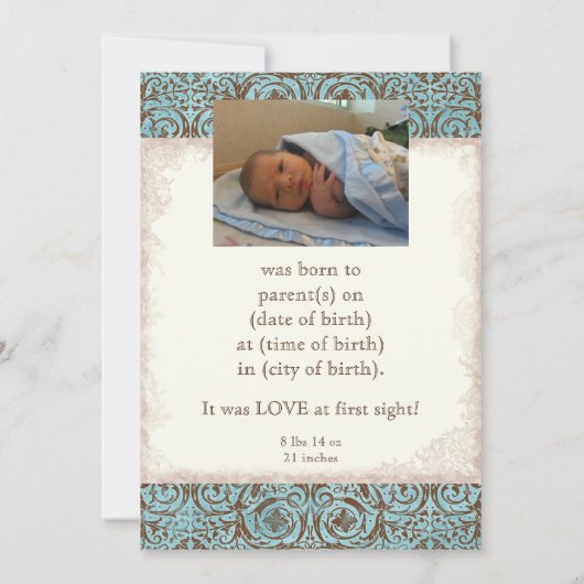 Aankondiging van de geboorte - Blue Brown Damask C (Achterkant)