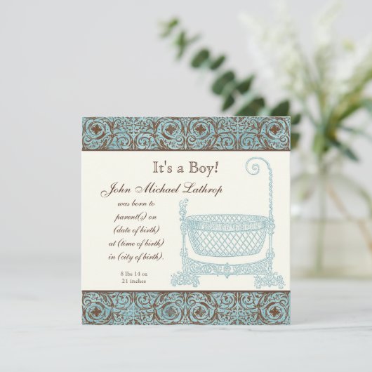 Aankondiging van de geboorte - Blue Brown Damask C (Staand voorkant)