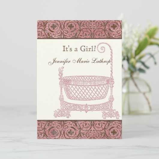 Aankondiging van de geboorte - Roze bruine Damask  (Staand voorkant)