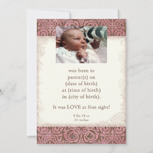 Aankondiging van de geboorte - Roze bruine Damask  (Achterkant)