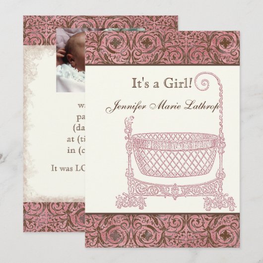 Aankondiging van de geboorte - Roze bruine Damask  (Voorkant / Achterkant)