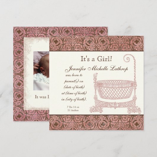 Aankondiging van de geboorte - Roze bruine Damask  (Voorkant / Achterkant)