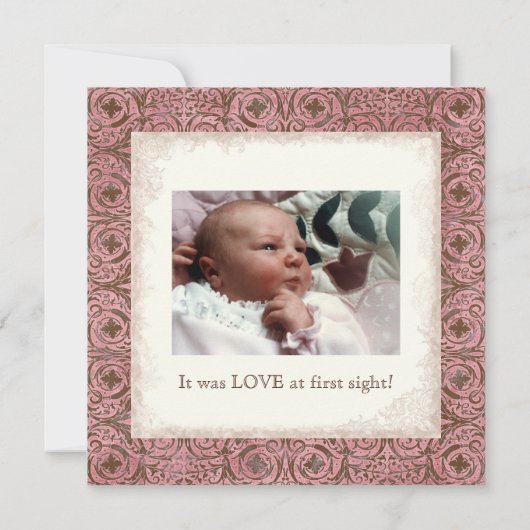 Aankondiging van de geboorte - Roze bruine Damask  (Achterkant)