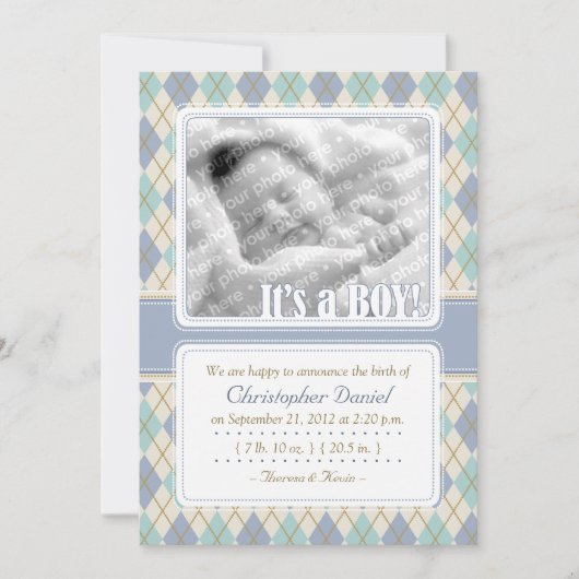 Aankondiging van de geboorte van Argyle (blauw en  (Voorkant)