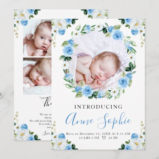 Aankondiging van de geboorte van Blue Floral Harte (Voorkant / Achterkant)