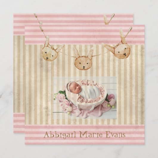 Aankondiging van de geboorte van Cute Pink Bunny B (Voorkant / Achterkant)