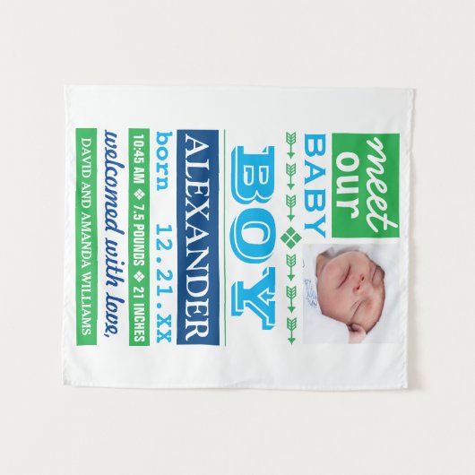 Aankondiging van de geboorte van een moderne blauw wandkleed (Voorkant (horizontaal))