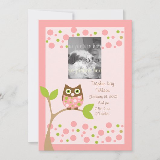 Aankondiging van de geboorte van Roze Owl.. (Voorkant)