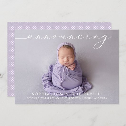 Aankondiging van de geboorteaankondigingen van de (Voorkant / Achterkant)