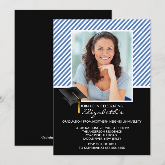 Aankondiging van de moderne Blauwe Stripe Graduati (Voorkant / Achterkant)