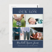 Aankondiging van de moderne Foto Collage Baby Boy Briefkaart (Voorkant / Achterkant)