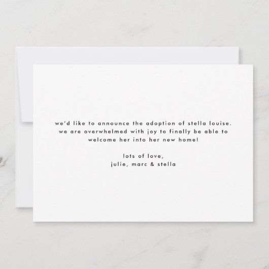 Aankondiging van de Moderne Foto Welcome Home Adop (Achterkant)