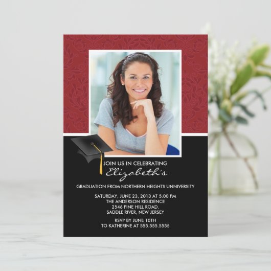 Aankondiging van de moderne Red Damask Graduation  (Staand voorkant)
