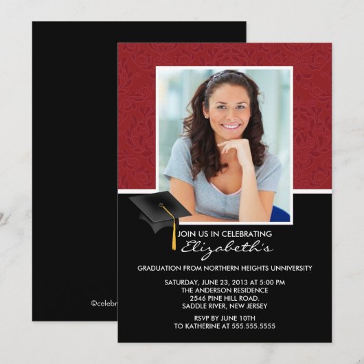 Aankondiging van de moderne Red Damask Graduation  (Voorkant / Achterkant)