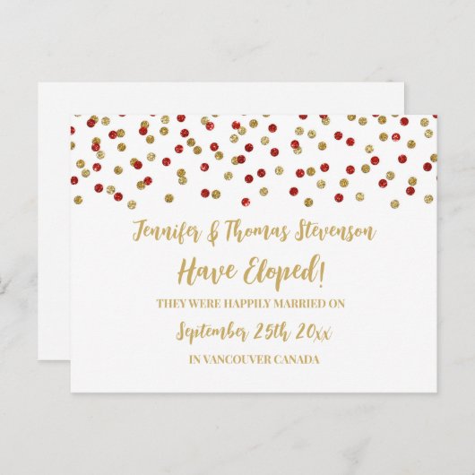 Aankondiging van de Red Gold Confetti Elopement (Voorkant / Achterkant)