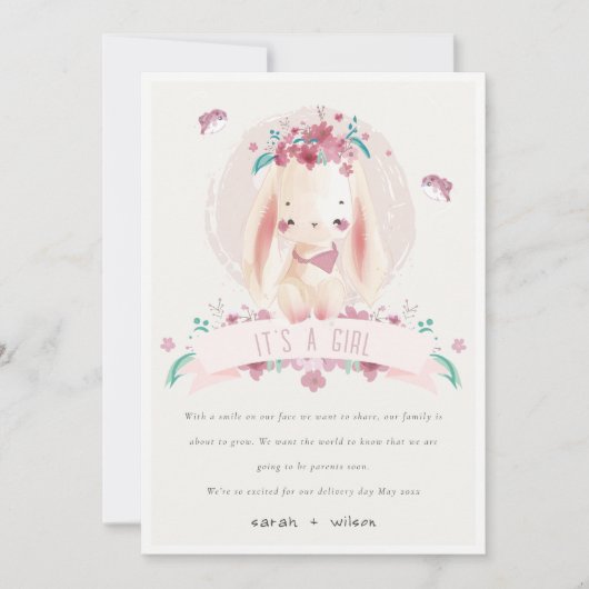 Aankondiging van de roze Floral Bunny & Birds Baby (Voorkant)