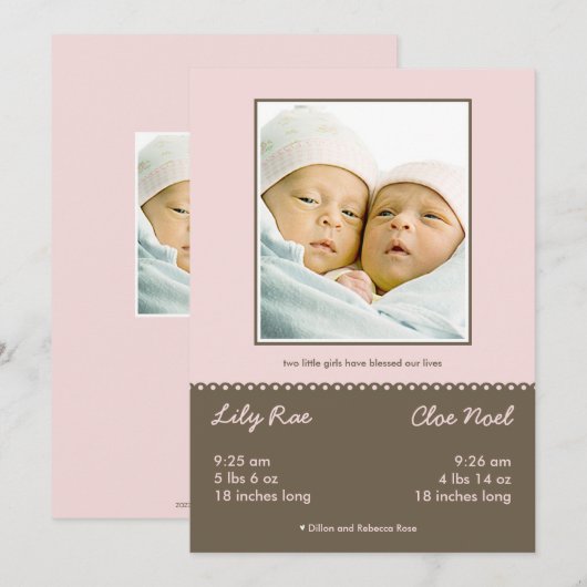 Aankondiging van de tweelinggeboorte met dubbele z (Voorkant / Achterkant)