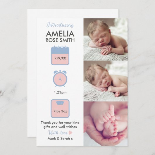 Aankondiging van een meisje voor baby's/bedankt ka (Voorkant / Achterkant)