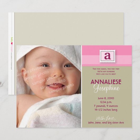 Aankondiging van een monogram gestreept : roze (Voorkant / Achterkant)