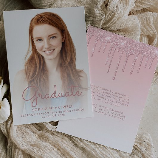 Aankondiging van eindexamen met roze glitterfoto 2