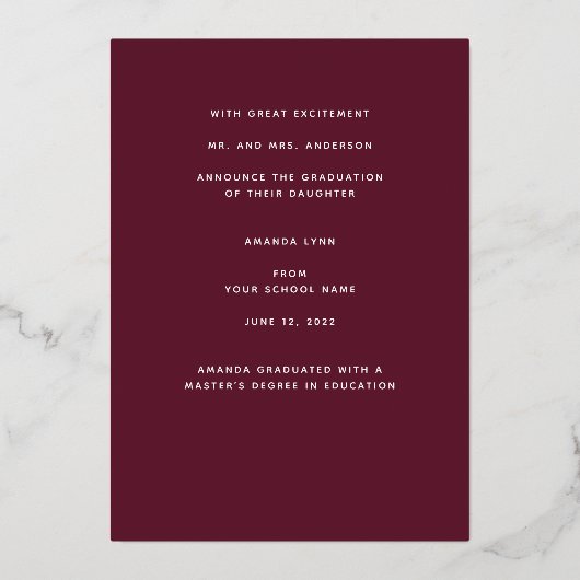 Aankondiging van Elegant Gold Foil Tassel Afstuder (Achterkant)